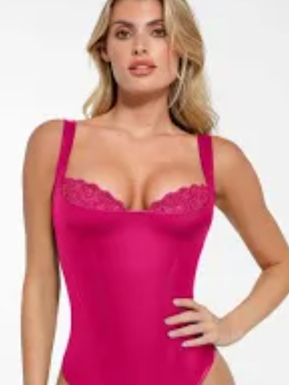 Fuchsia Lace-Trim Shaping Bodysuit